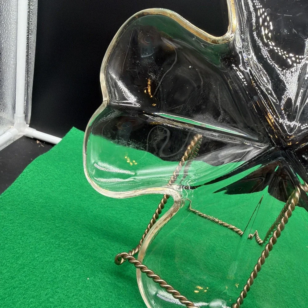 Jeannette Clear Glass w/ Gold Trim: 4-Leaf Clover Divided Relish Dish